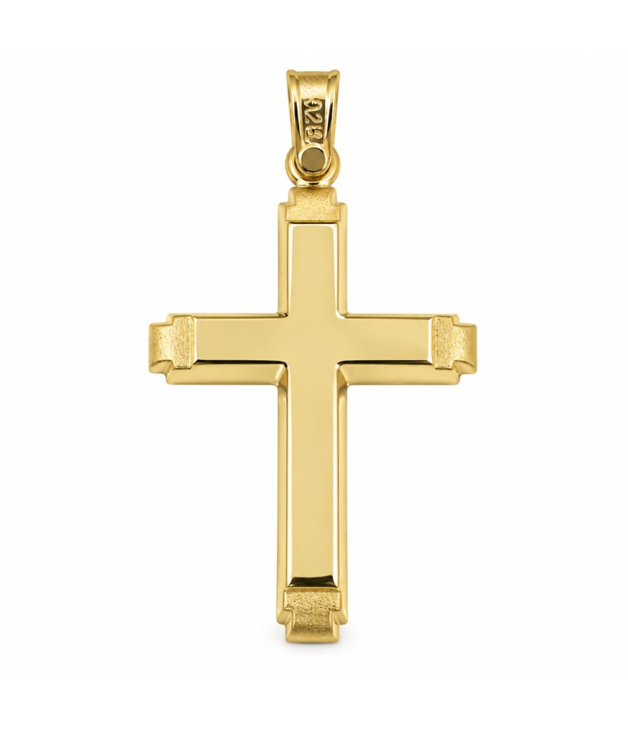 14K yellow gold cross pendant with polished surface and matte details at the ends