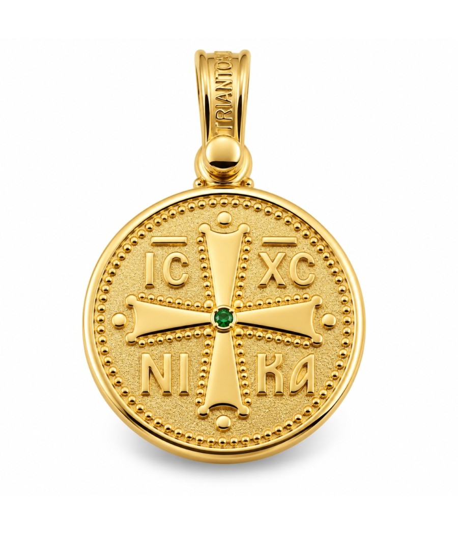9K gold Byzantine pendant with IC XC NI KA cross and natural green zircon