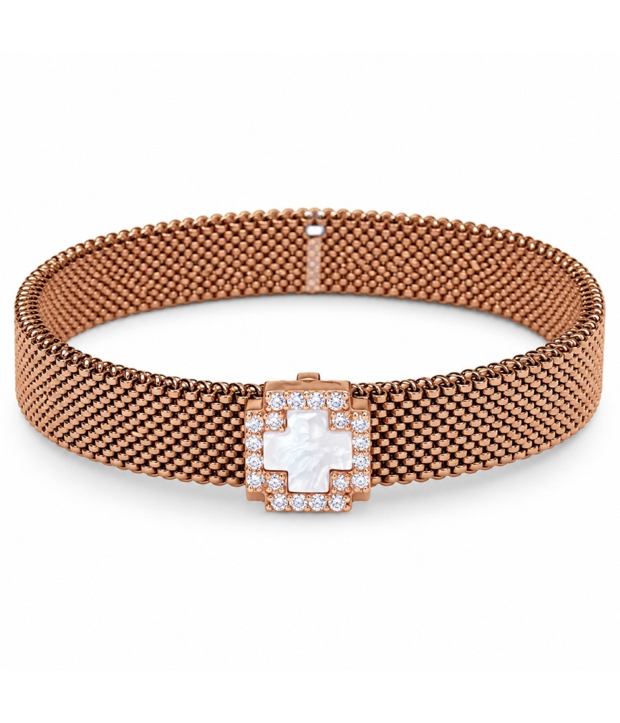 Brown stainless steel mesh bracelet with 9K rose gold cross, white mother of pearl and white cubic zirconia