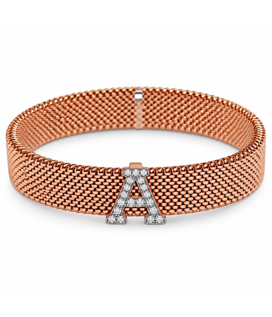 Initial A bracelet in 9K rose gold with white zirconia and rose gold-tone stainless steel mesh