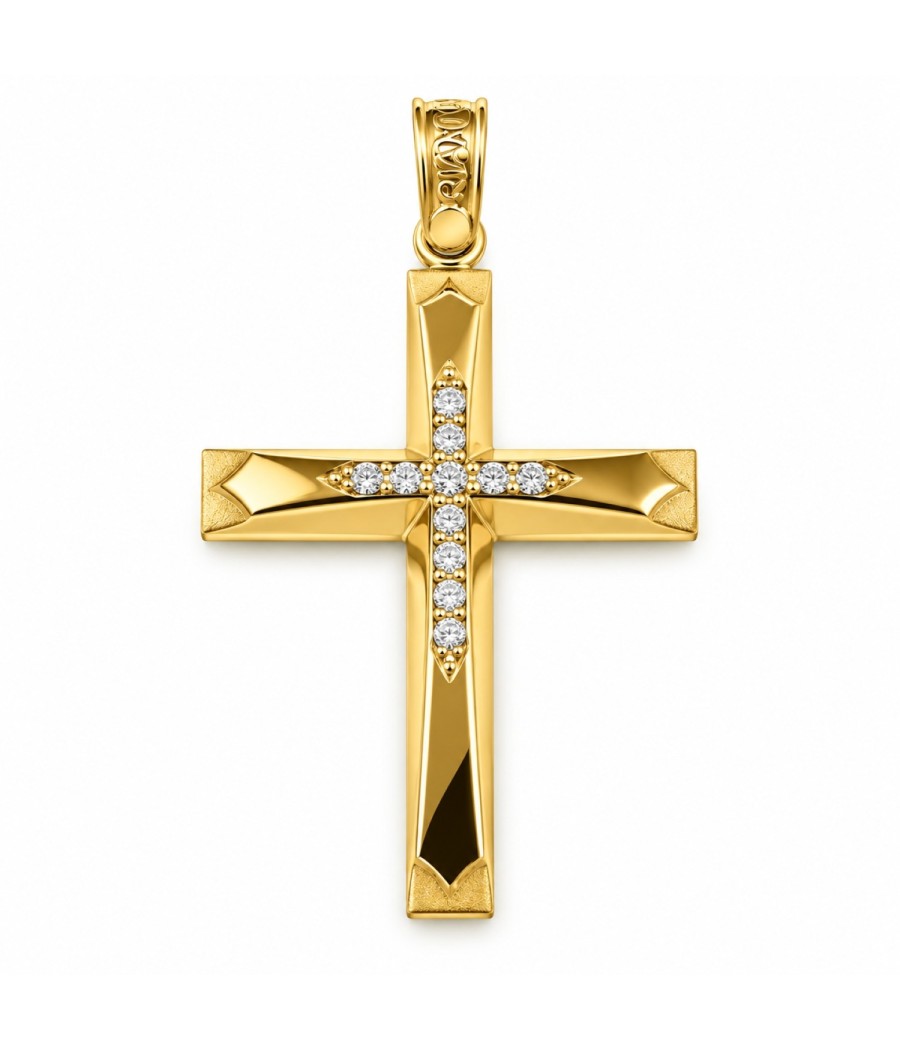 14K yellow gold baptism cross with natural white zircon gemstones and matte details